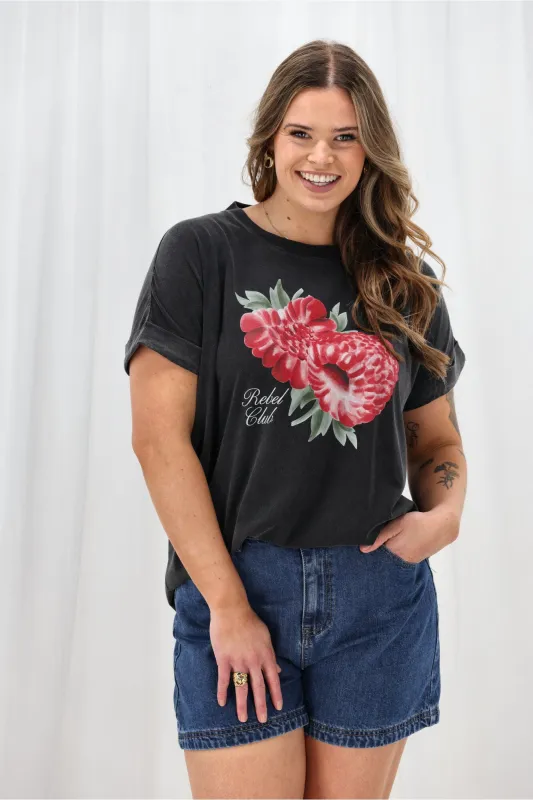 Rebel Club Berry Daze Capsleeve Tee Washed Black sold by Shine On