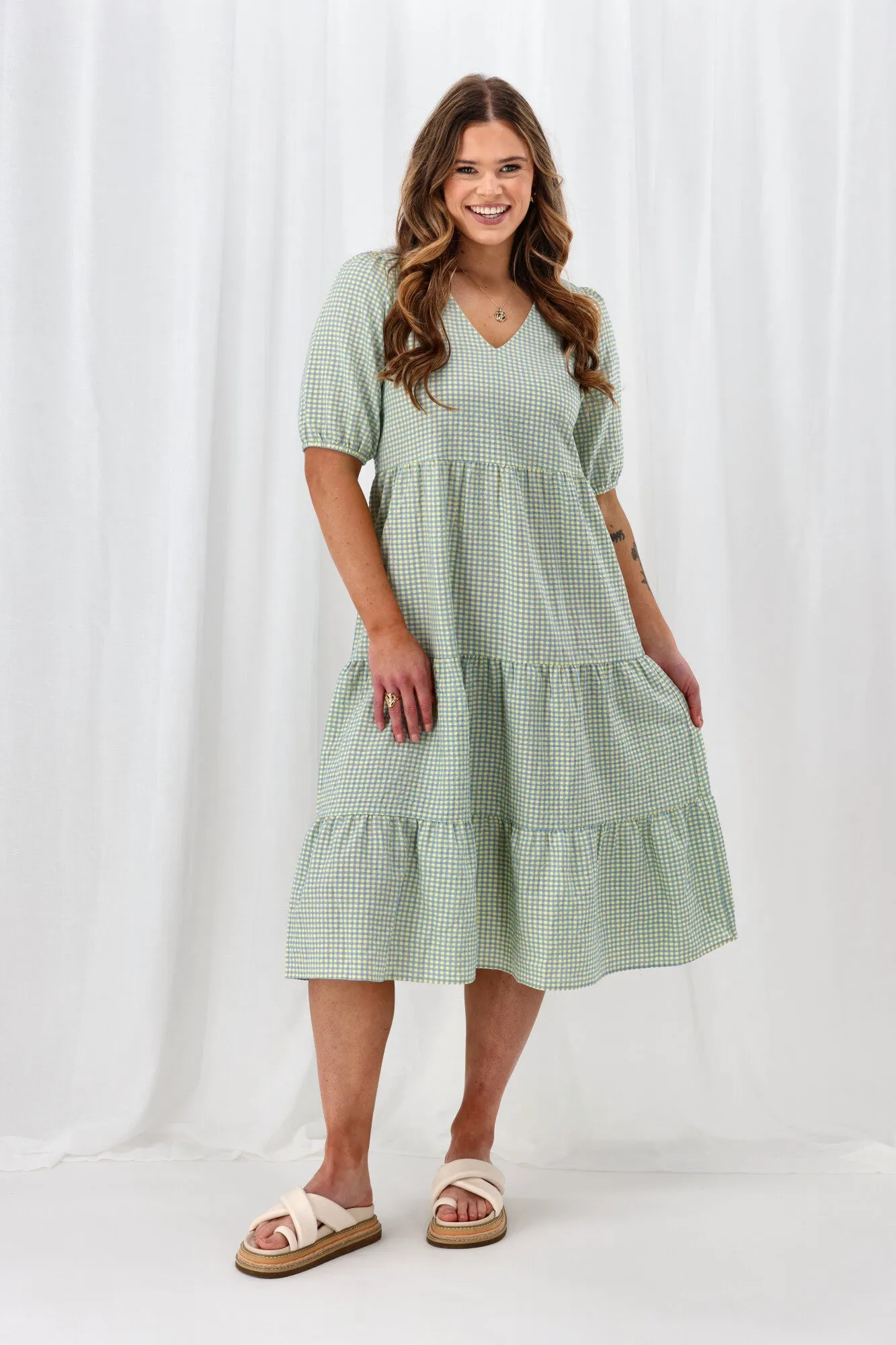 Shine On Label Luca Gingham Tiered Midi Dress Blue Yellow Check sold by Shine On product image thumbnail 4