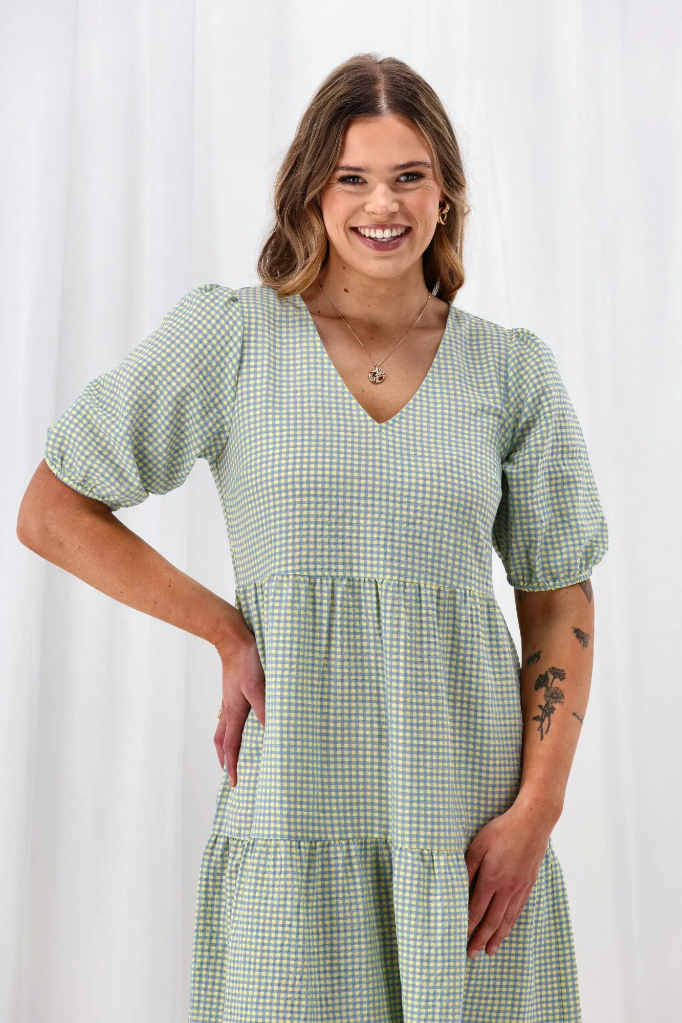 Shine On Label Luca Gingham Tiered Midi Dress Blue Yellow Check sold by Shine On product image thumbnail 2