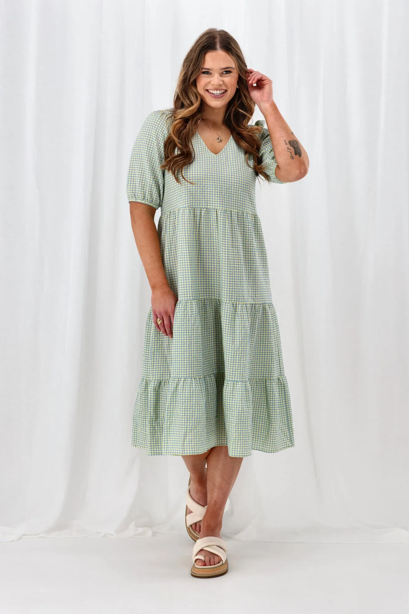 Shine On Label Luca Gingham Tiered Midi Dress Blue Yellow Check sold by Shine On product image thumbnail 3