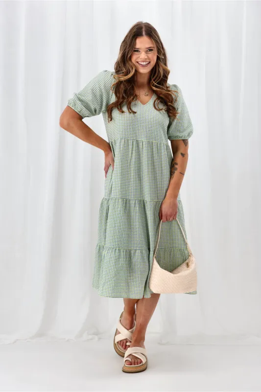 Shine On Label Luca Gingham Tiered Midi Dress Blue Yellow Check sold by Shine On
