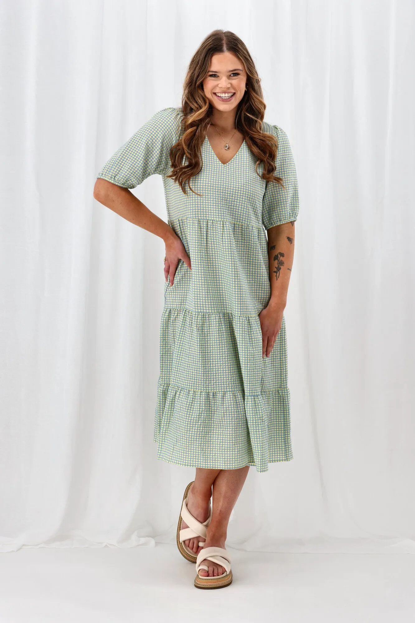 Shine On Label Luca Gingham Tiered Midi Dress Blue Yellow Check sold by Shine On product image thumbnail 5