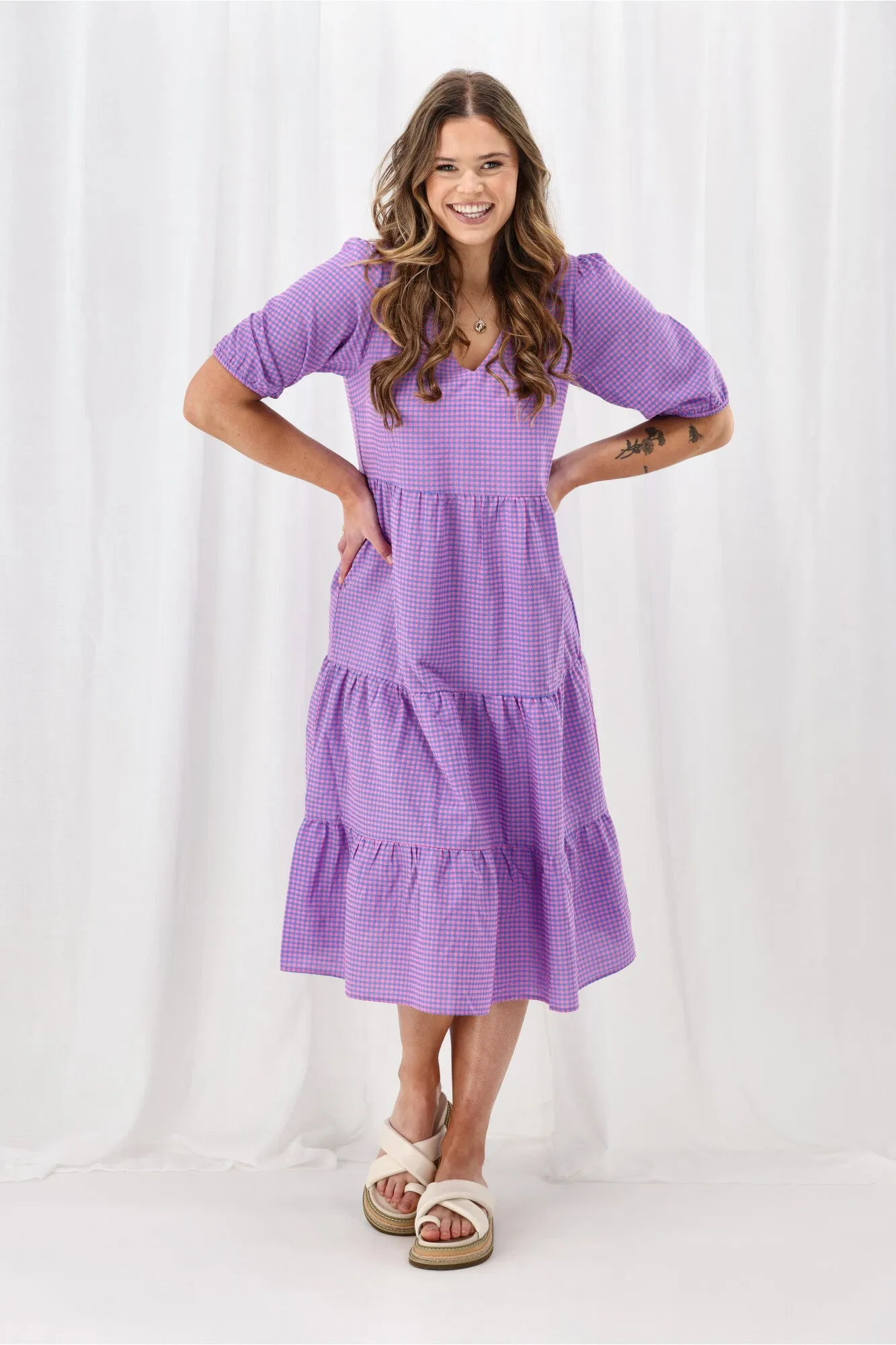Shine On Label Luca Gingham Tiered Midi Dress Pink Blue Check sold by Shine On product image thumbnail 3