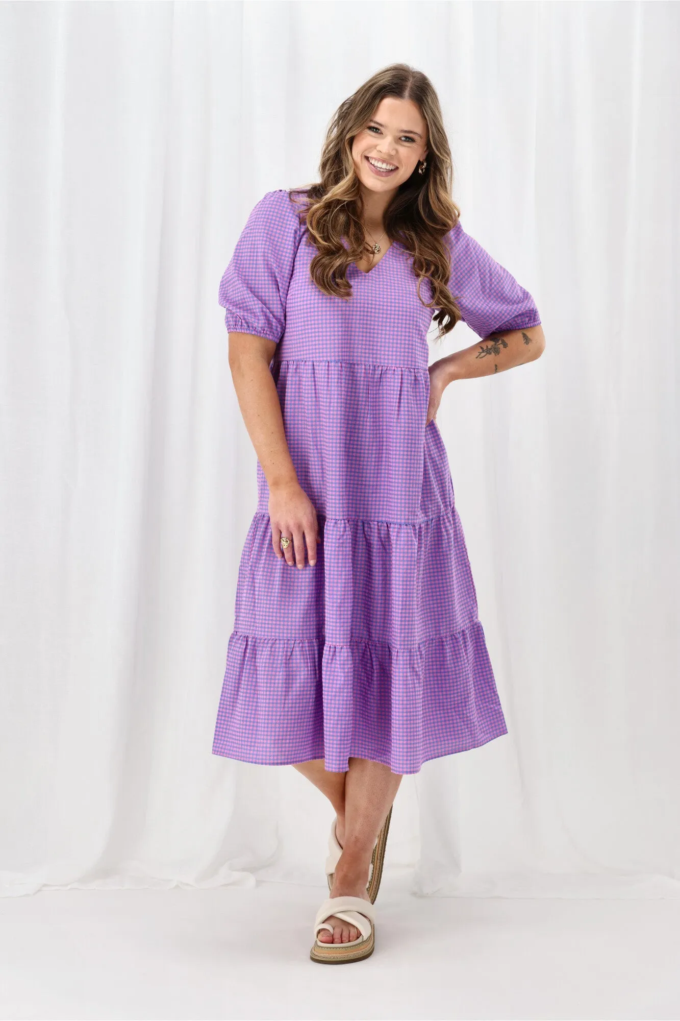 Shine On Label Luca Gingham Tiered Midi Dress Pink Blue Check sold by Shine On product image thumbnail 4