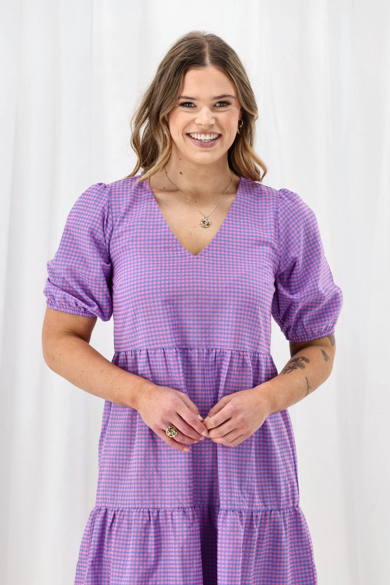 Shine On Label Luca Gingham Tiered Midi Dress Pink Blue Check sold by Shine On product image thumbnail 2
