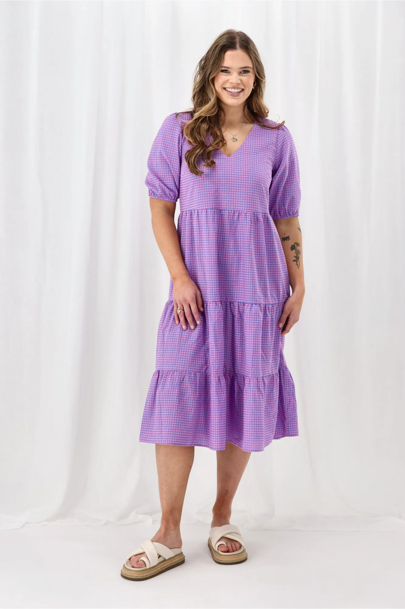 Shine On Label Luca Gingham Tiered Midi Dress Pink Blue Check sold by Shine On product image thumbnail 5