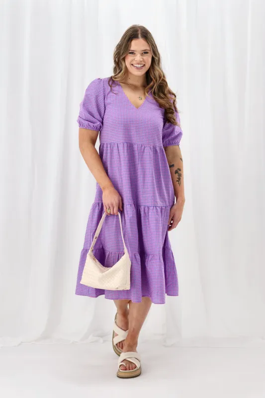 Shine On Label Luca Gingham Tiered Midi Dress Pink Blue Check sold by Shine On