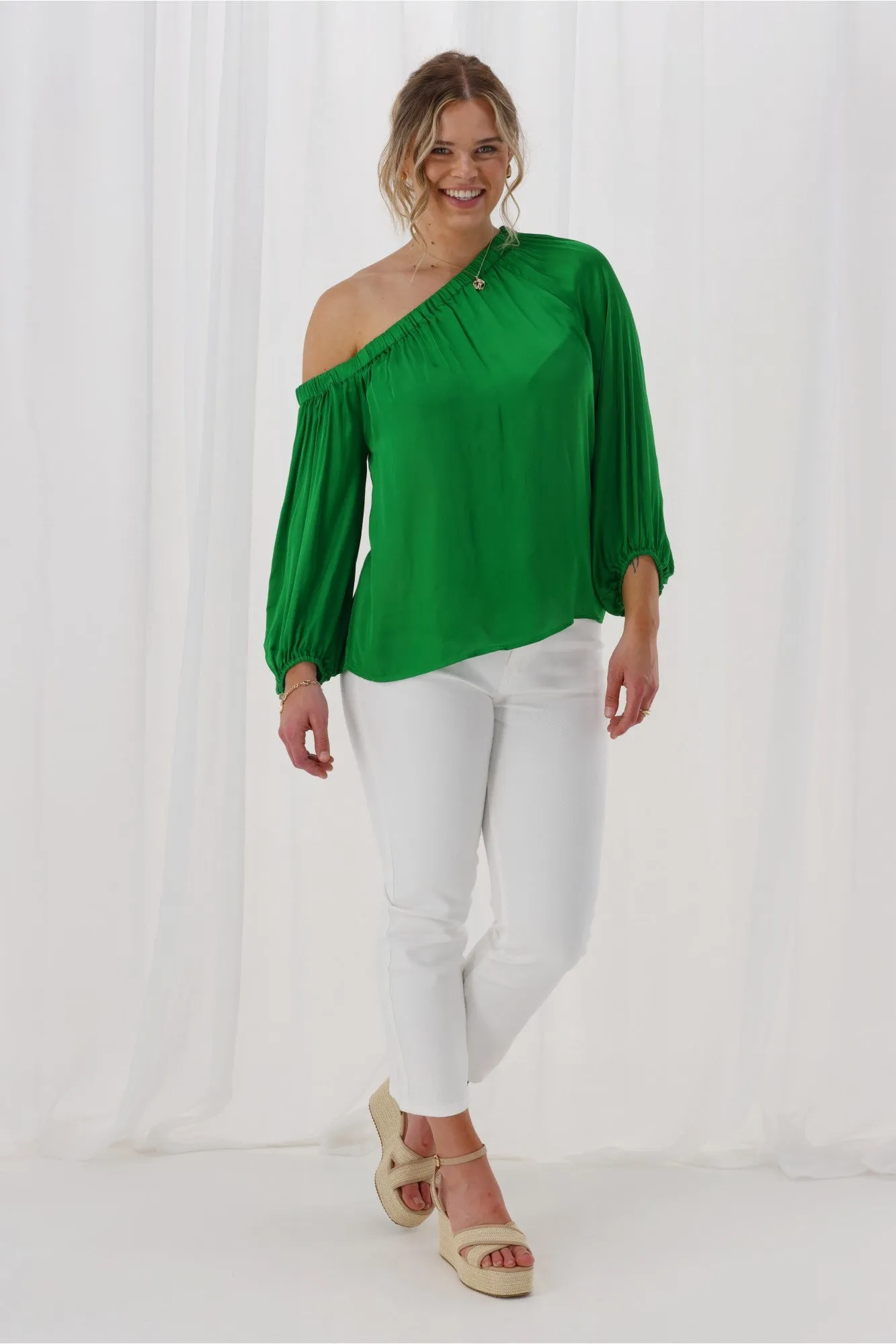 Celebrations By Shine On Amerie Off The Shoulder Top Satin Green sold by Shine On product image thumbnail 4