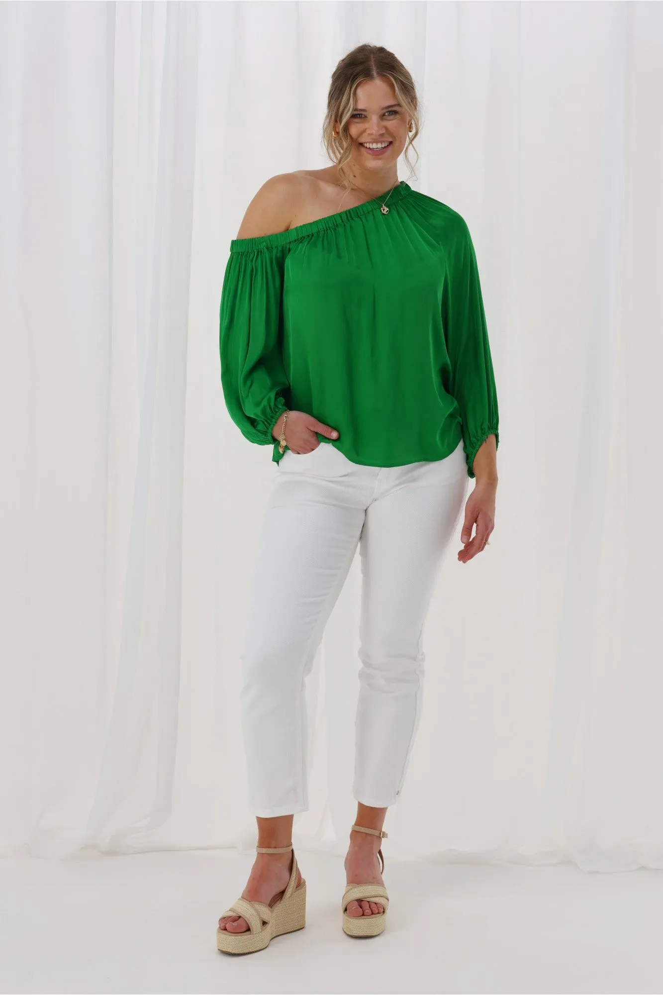 Celebrations By Shine On Amerie Off The Shoulder Top Satin Green sold by Shine On product image thumbnail 5