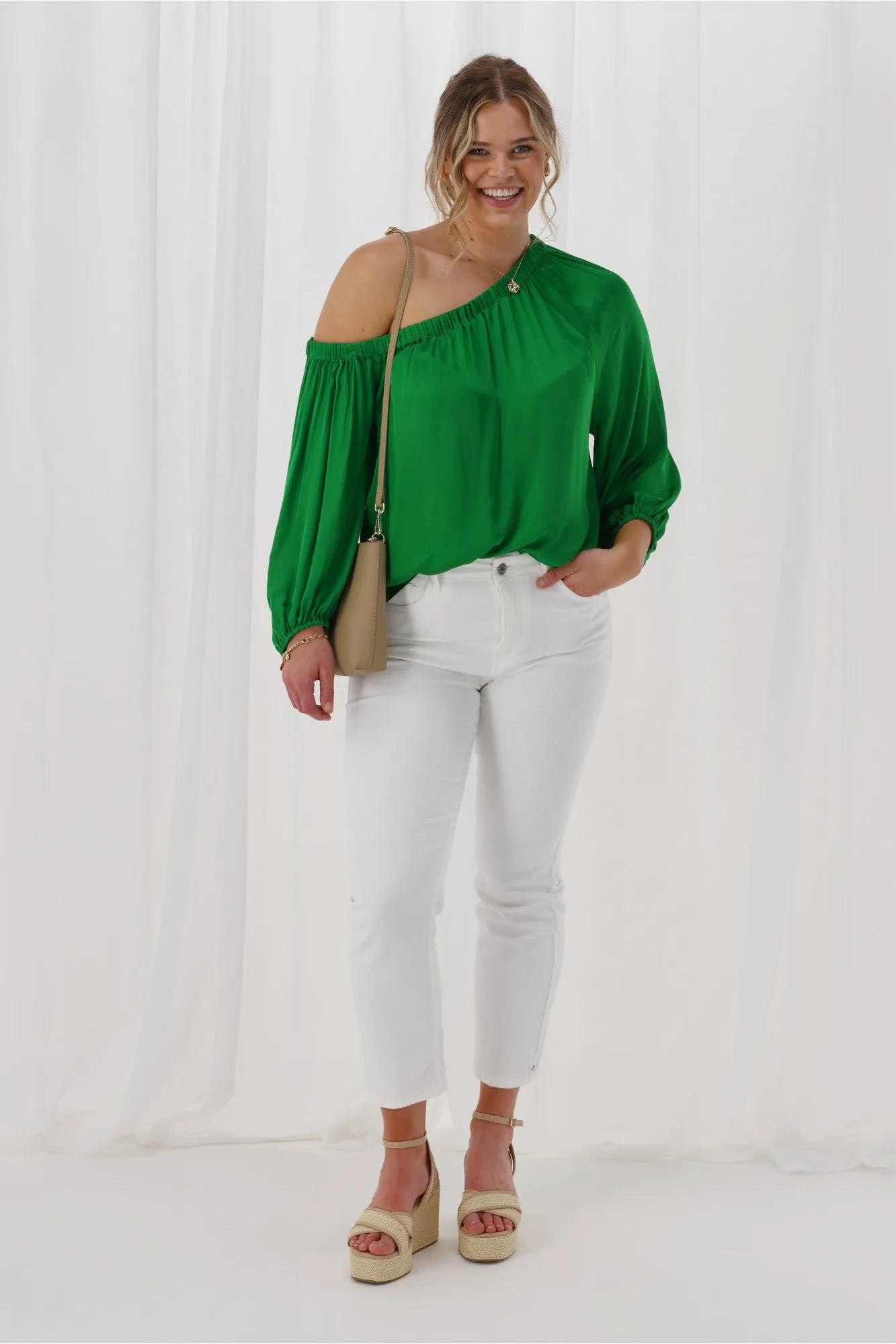 Celebrations By Shine On Amerie Off The Shoulder Top Satin Green sold by Shine On product image thumbnail 3