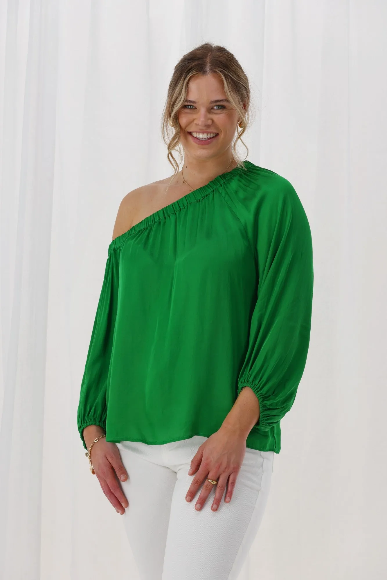 Celebrations By Shine On Amerie Off The Shoulder Top Satin Green sold by Shine On product image thumbnail 2