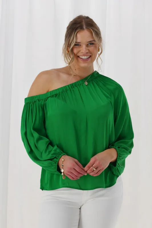 Celebrations By Shine On Amerie Off The Shoulder Top Satin Green sold by Shine On