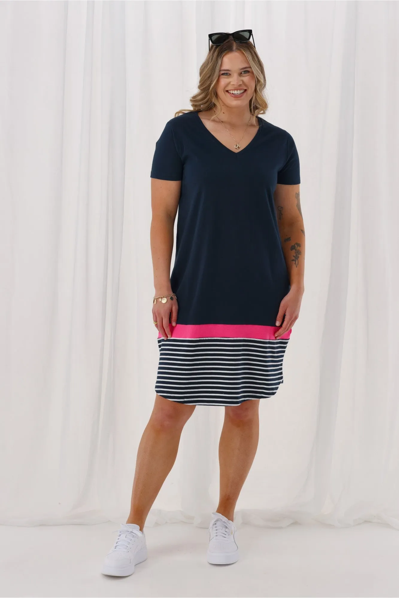 Elm Draw The Line Dress Navy Neon Rose Navy White Stripe sold by Shine On product image thumbnail 4