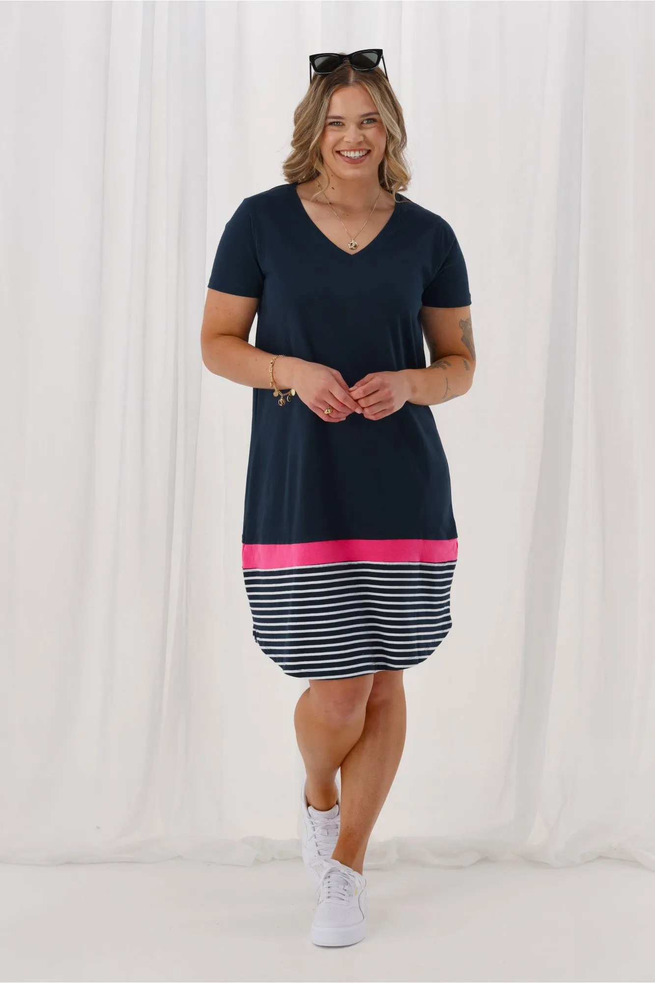Elm Draw The Line Dress Navy Neon Rose Navy White Stripe sold by Shine On