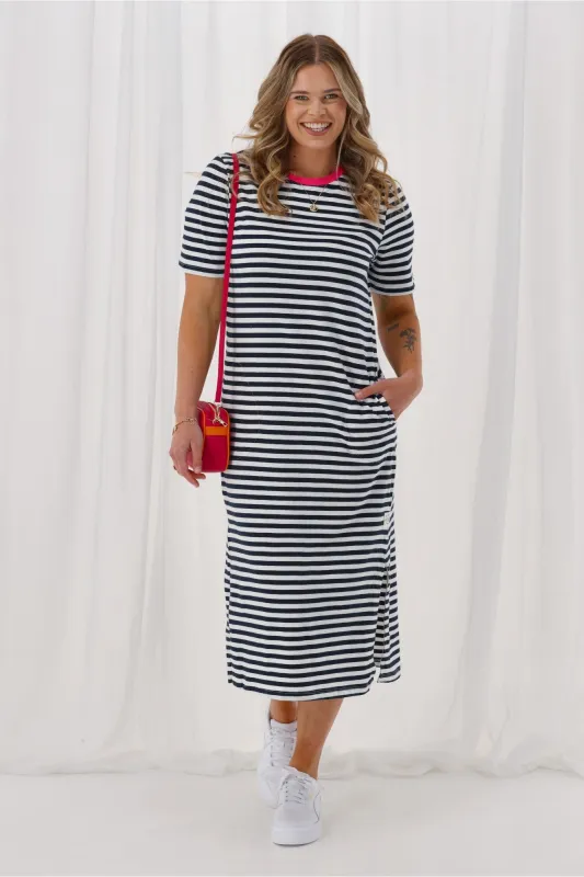 Elm Merry Tee Dress Navy White Stripe Neon Rose Neck sold by Shine On