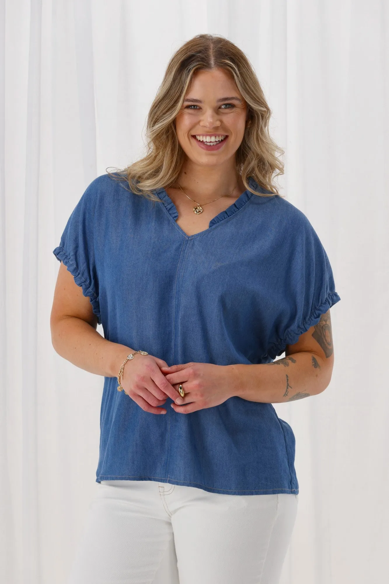 Shine On Label Adeline Frill Neck Top Chambray sold by Shine On product image thumbnail 3