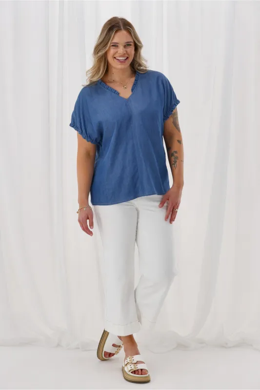 Shine On Label Adeline Frill Neck Top Chambray sold by Shine On