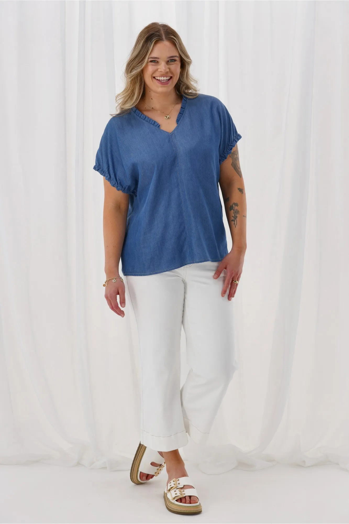 Shine On Label Adeline Frill Neck Top Chambray sold by Shine On