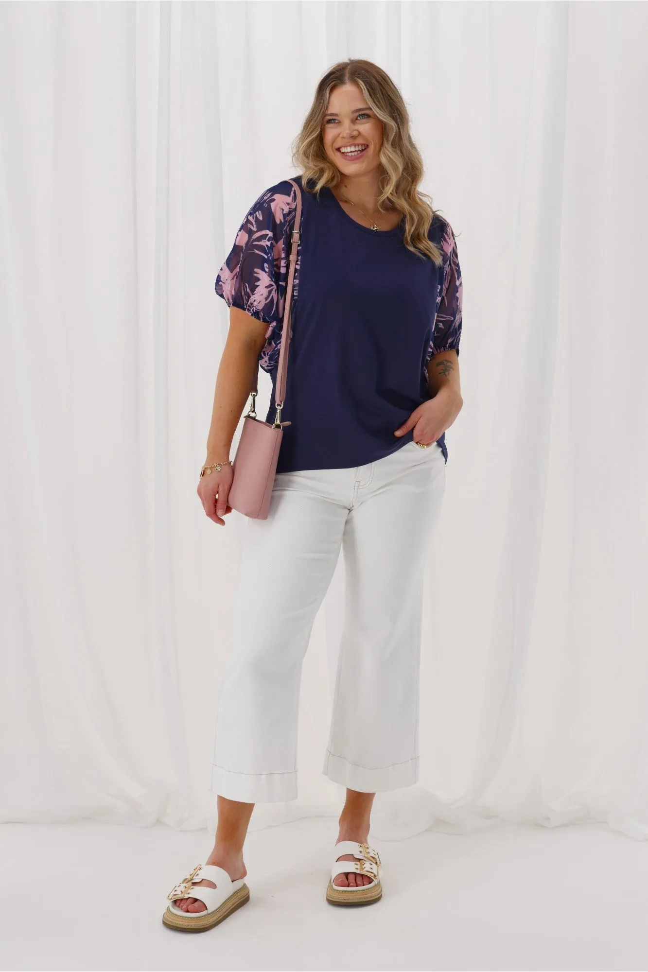 Shine On Label Selma Woven Sleeve Top Navy Pink Floral Print sold by Shine On product image thumbnail 4