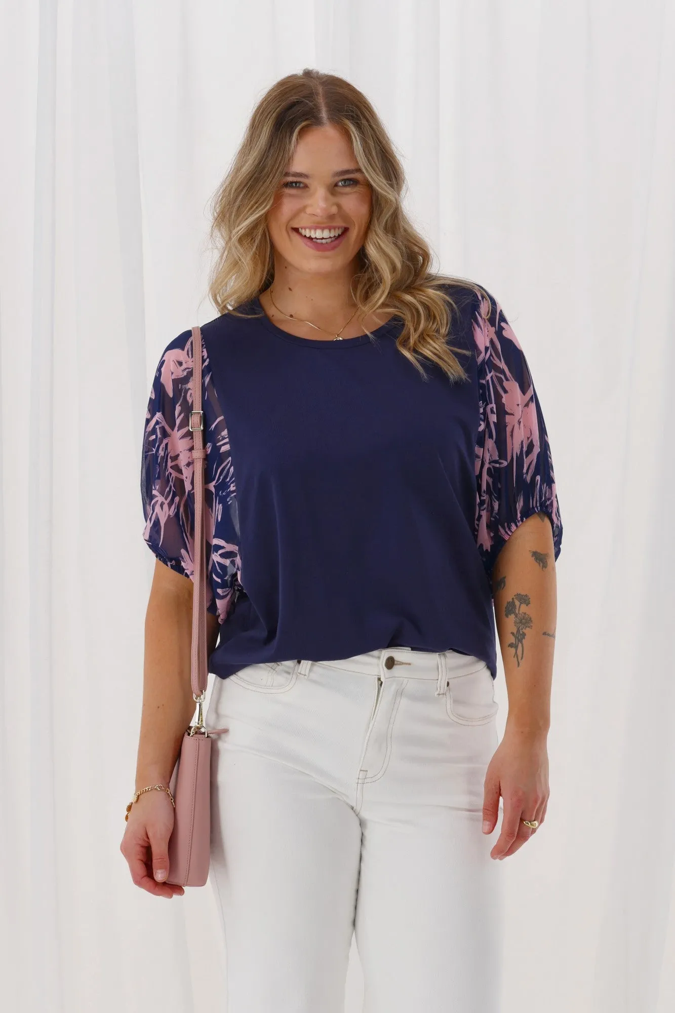 Shine On Label Selma Woven Sleeve Top Navy Pink Floral Print sold by Shine On product image thumbnail 3