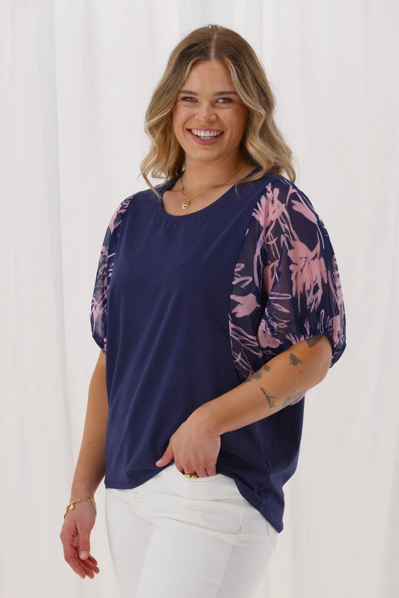 Shine On Label Selma Woven Sleeve Top Navy Pink Floral Print sold by Shine On product image thumbnail 2