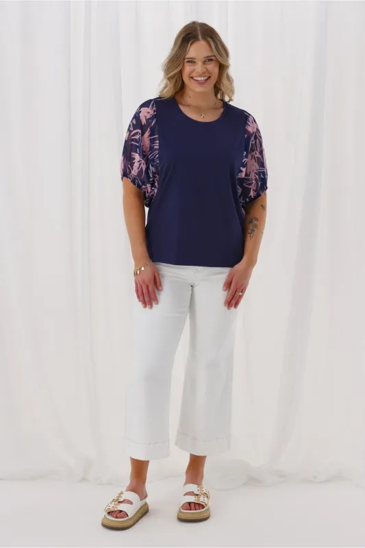 Shine On Label Selma Woven Sleeve Top Navy Pink Floral Print sold by Shine On