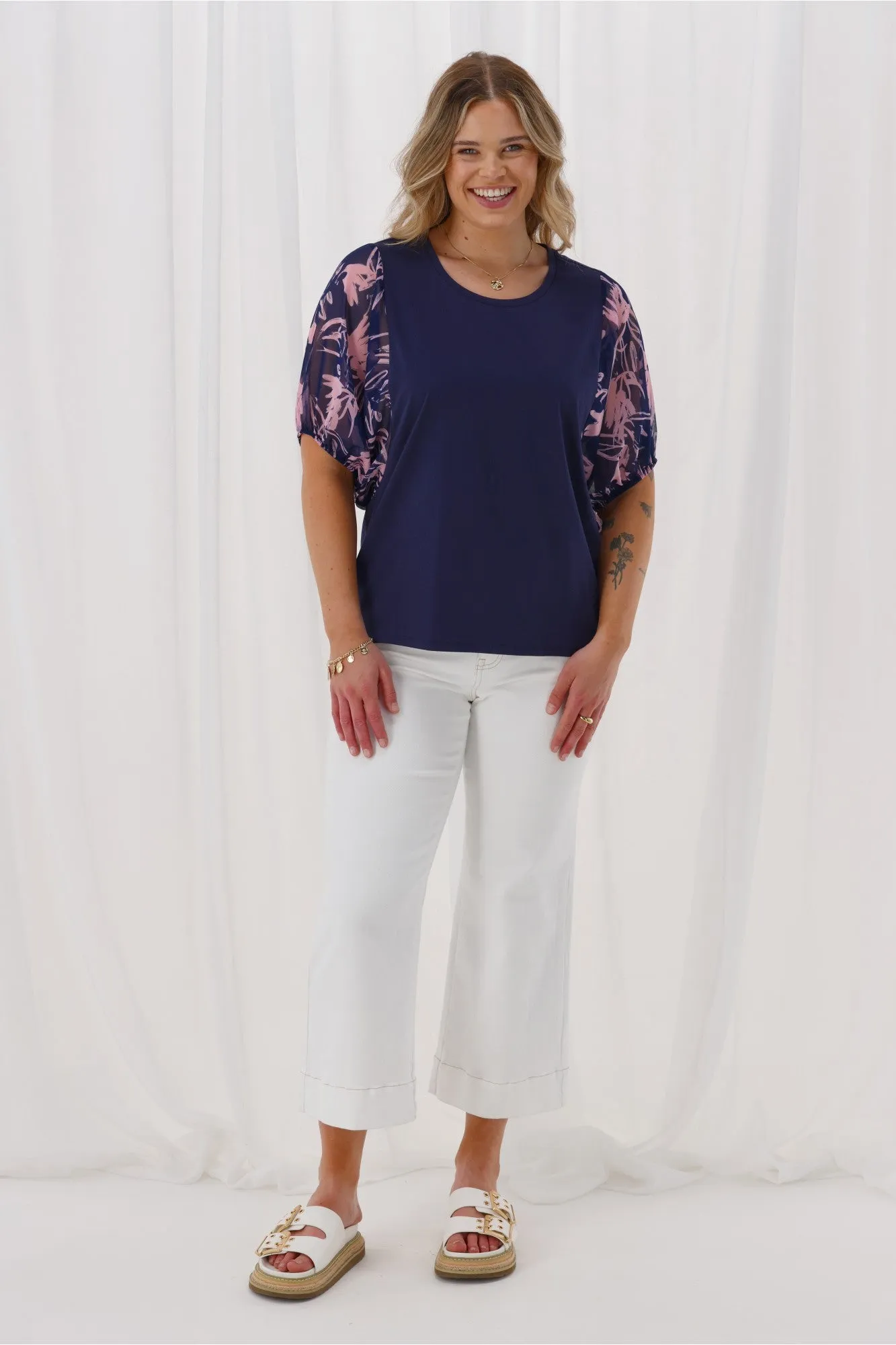 Shine On Label Selma Woven Sleeve Top Navy Pink Floral Print sold by Shine On