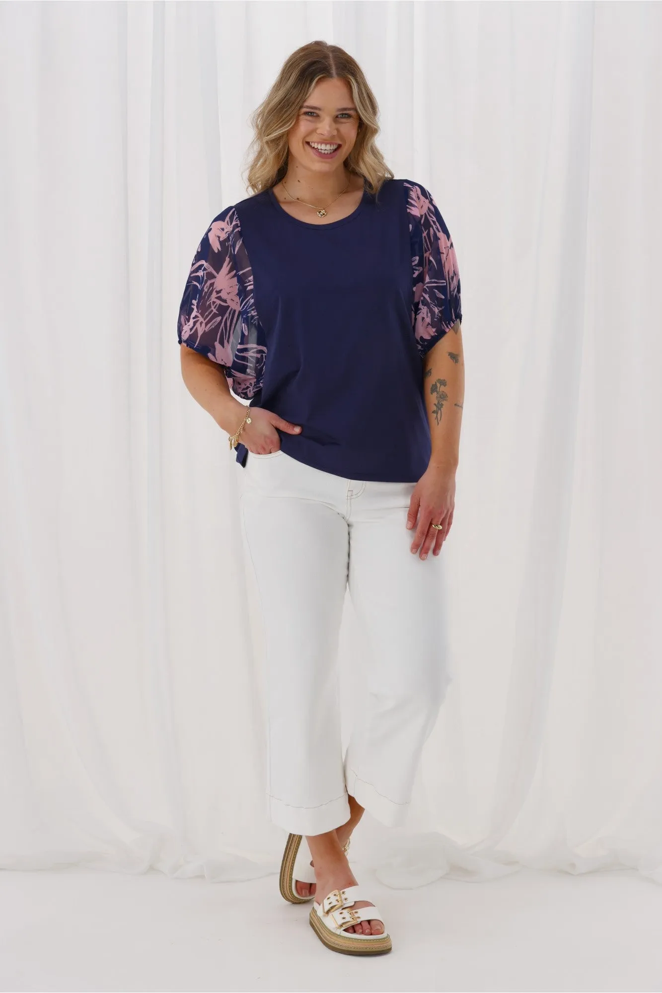 Shine On Label Selma Woven Sleeve Top Navy Pink Floral Print sold by Shine On product image thumbnail 5