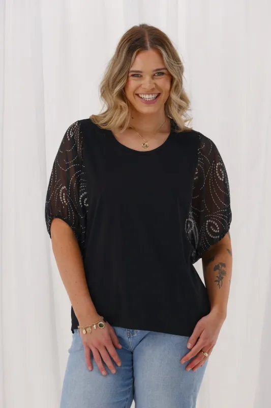 Shine On Label Selma Woven Sleeve Top Black Spiral Geo Print sold by Shine On