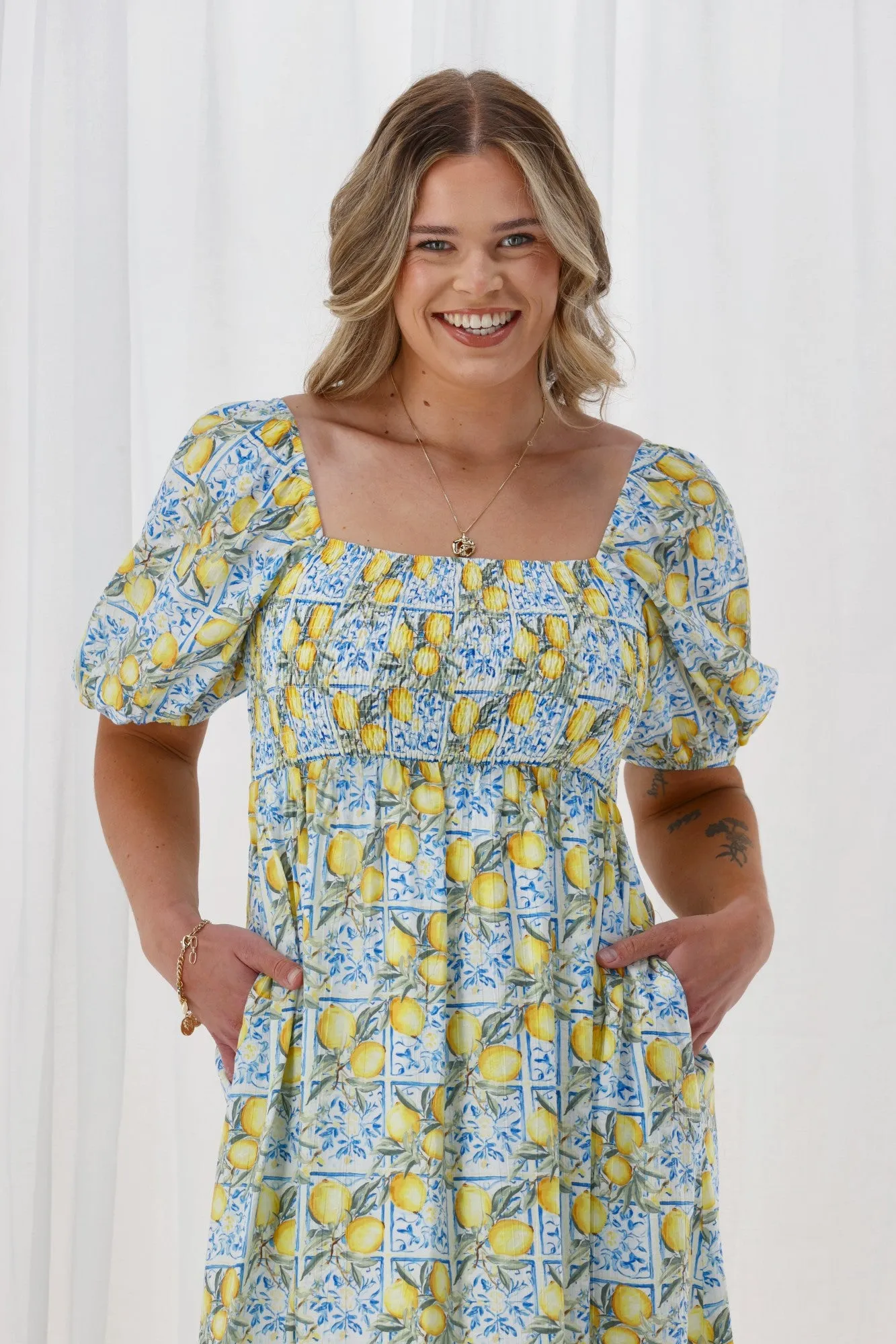 Shine On Label Lemonade Dress Yellow And Blue Print sold by Shine On product image thumbnail 4