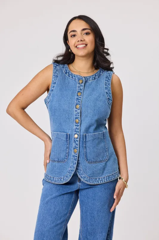 Shine On Label Liani Denim Vest Washed Blue sold by Shine On