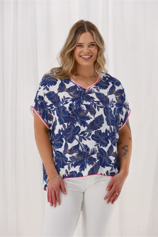 Sunday Boho Linda Tropic Print Relaxed Top Blue sold by Shine On
