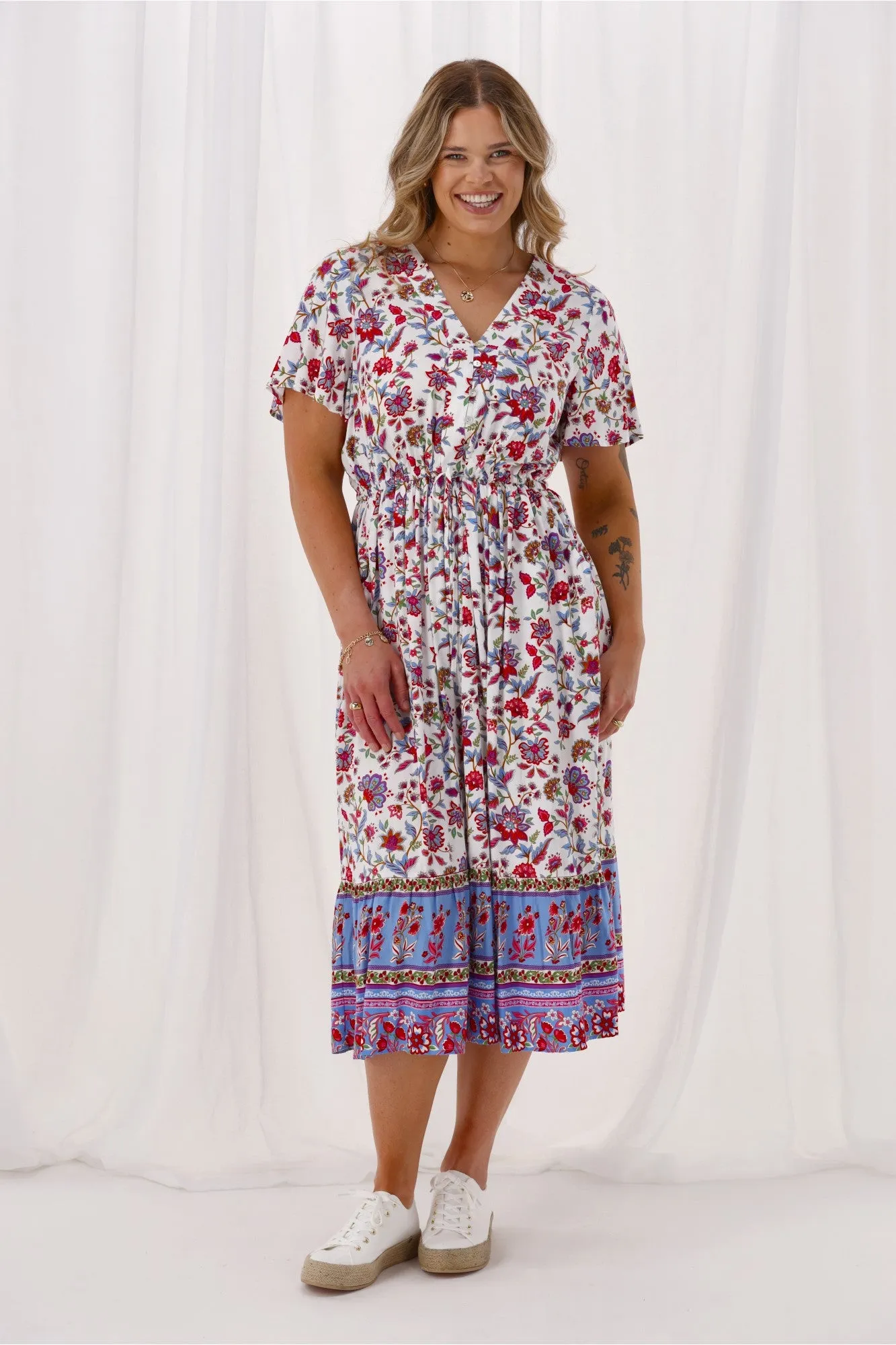 Sunday Boho Kate Flutter Sleeve Dress With Buttons Blue Pink Floral sold by Shine On product image thumbnail 3