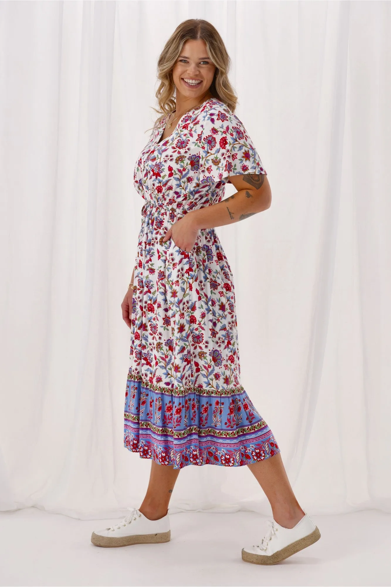 Sunday Boho Kate Flutter Sleeve Dress With Buttons Blue Pink Floral sold by Shine On product image thumbnail 4