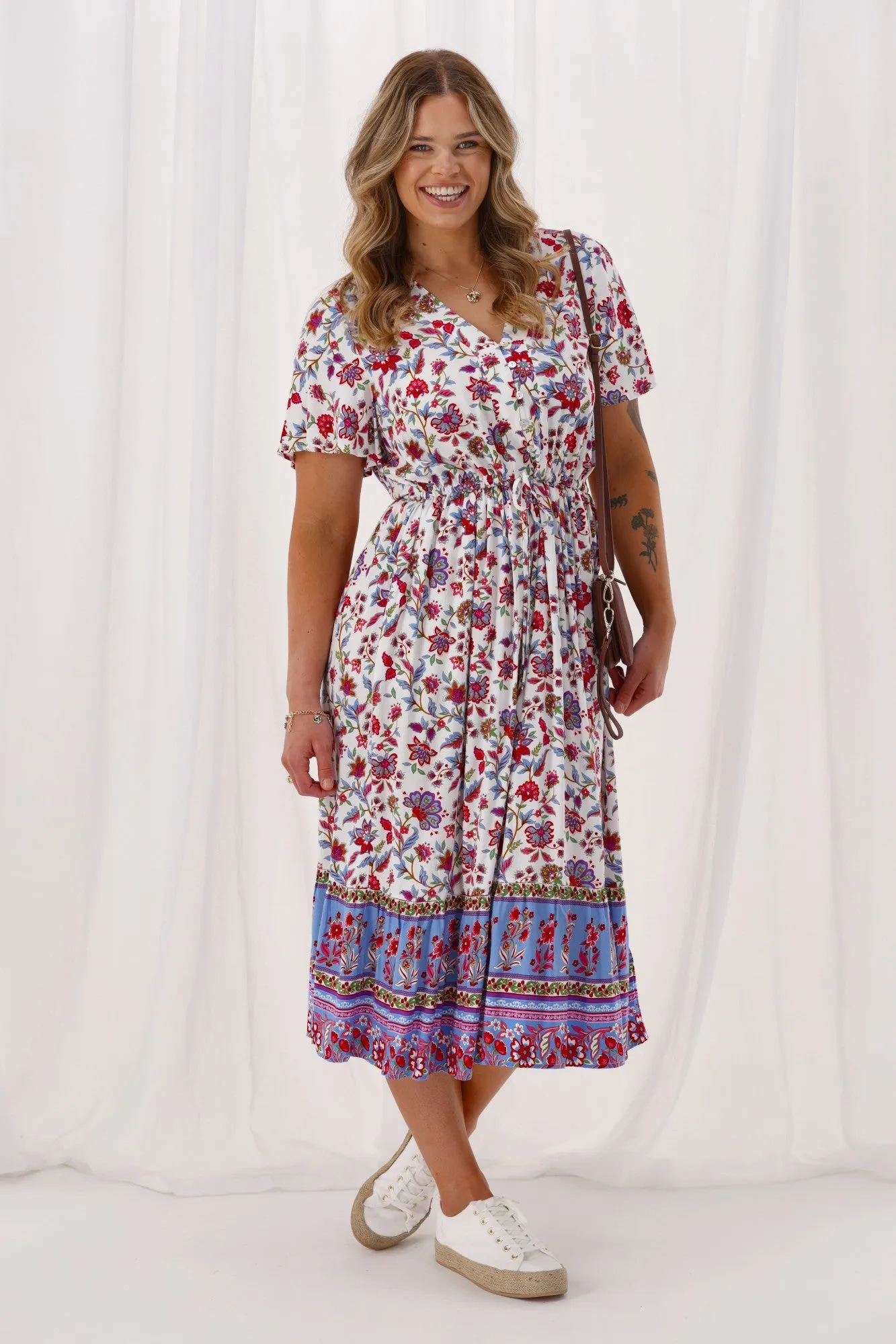 Sunday Boho Kate Flutter Sleeve Dress With Buttons Blue Pink Floral sold by Shine On