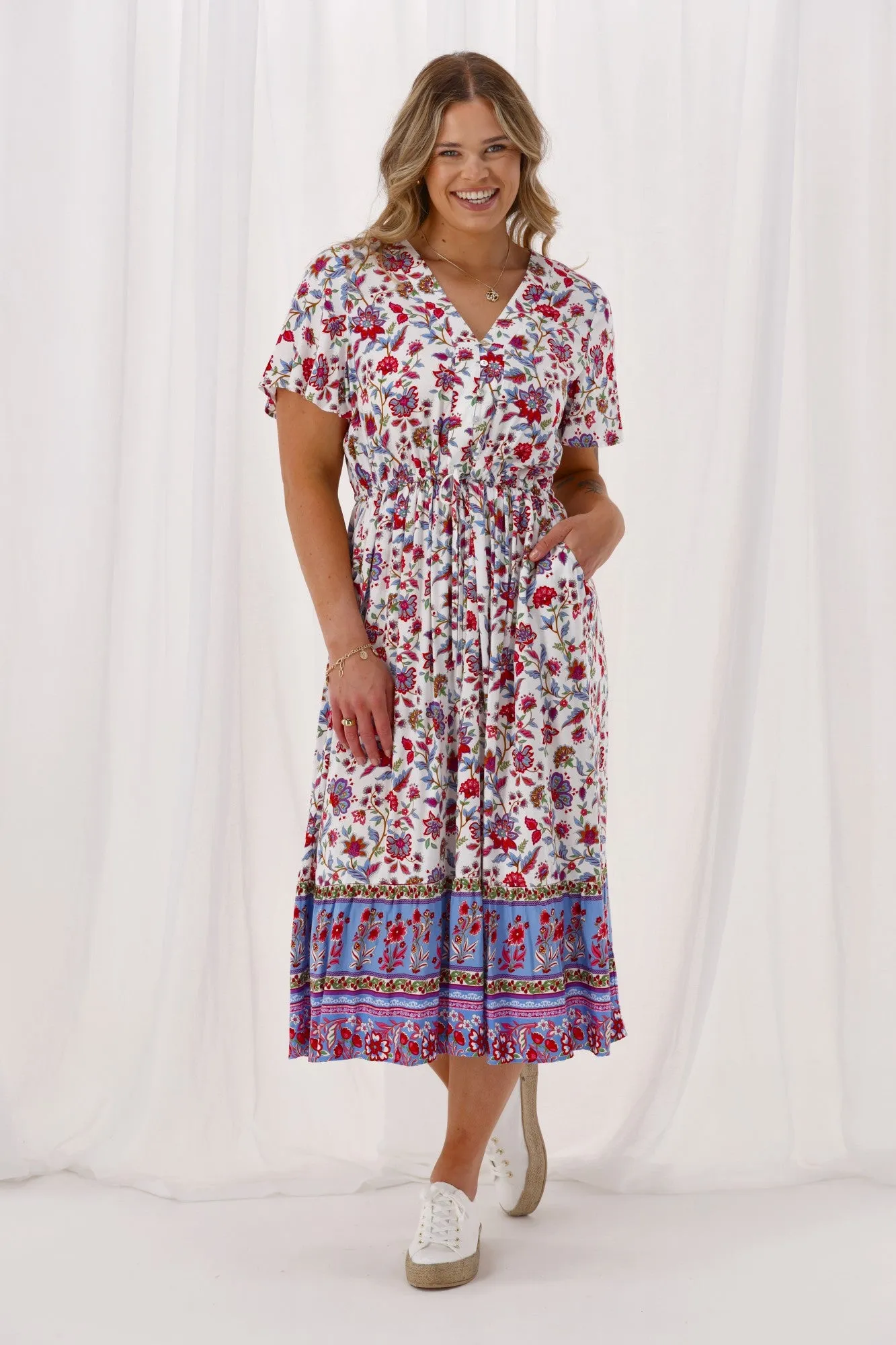Sunday Boho Kate Flutter Sleeve Dress With Buttons Blue Pink Floral sold by Shine On product image thumbnail 2
