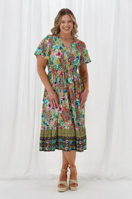 Sunday Boho Kate Flutter Sleeve Dress With Buttons Sage Floral Peacock Print sold by Shine On