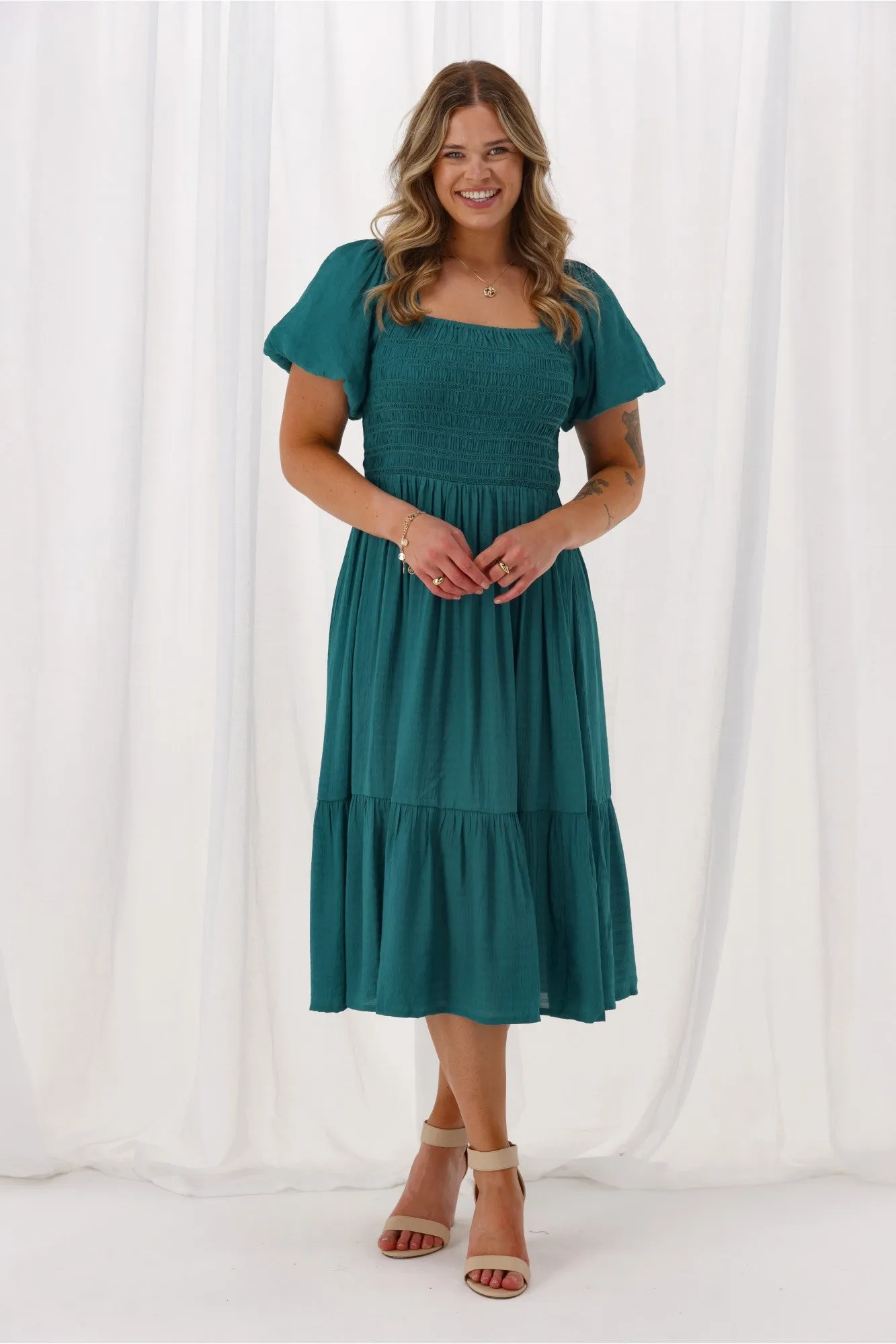 Sunday Boho Monroe Shirred Puff Sleeve Dress Teal sold by Shine On product image thumbnail 3