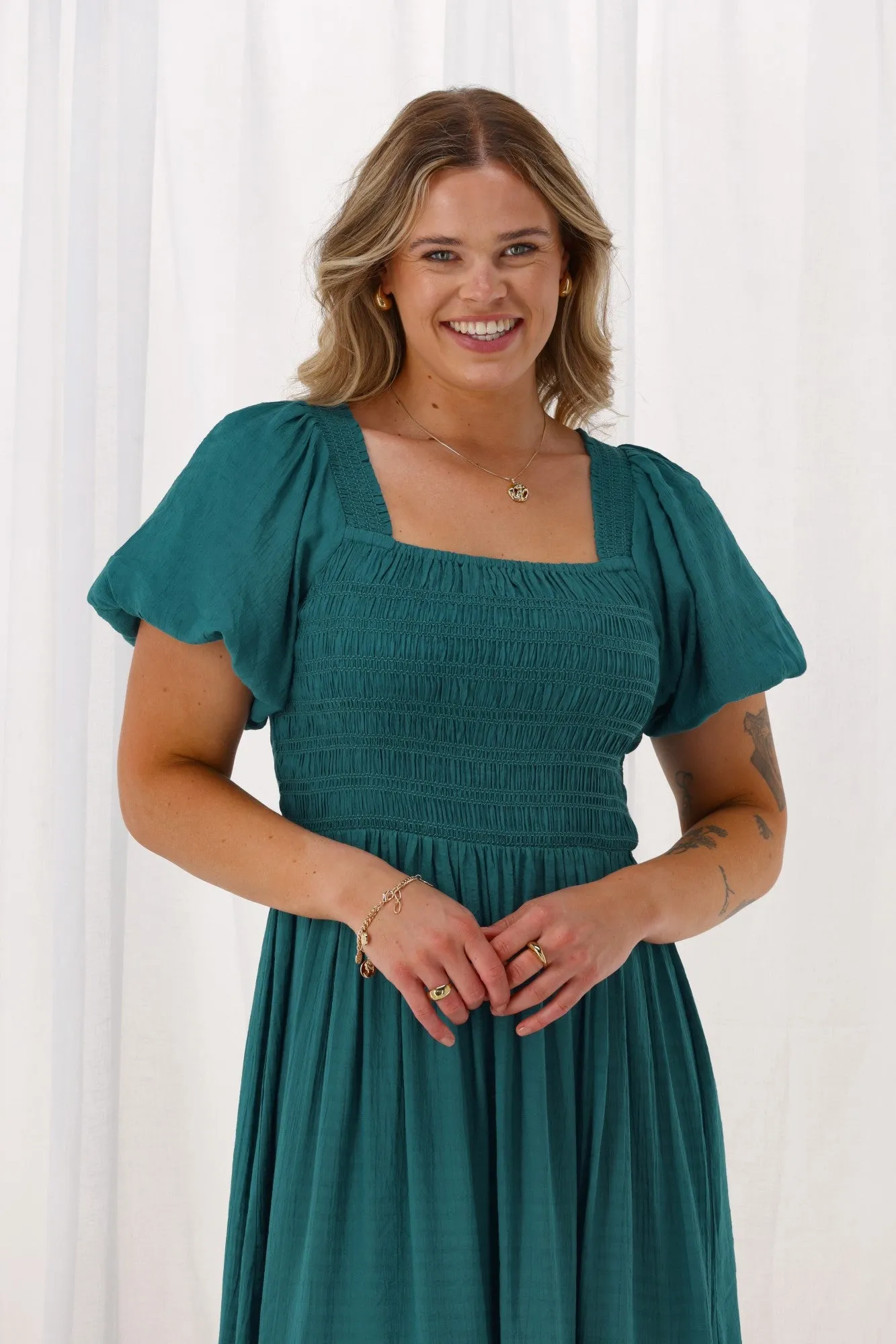 Sunday Boho Monroe Shirred Puff Sleeve Dress Teal sold by Shine On product image thumbnail 2