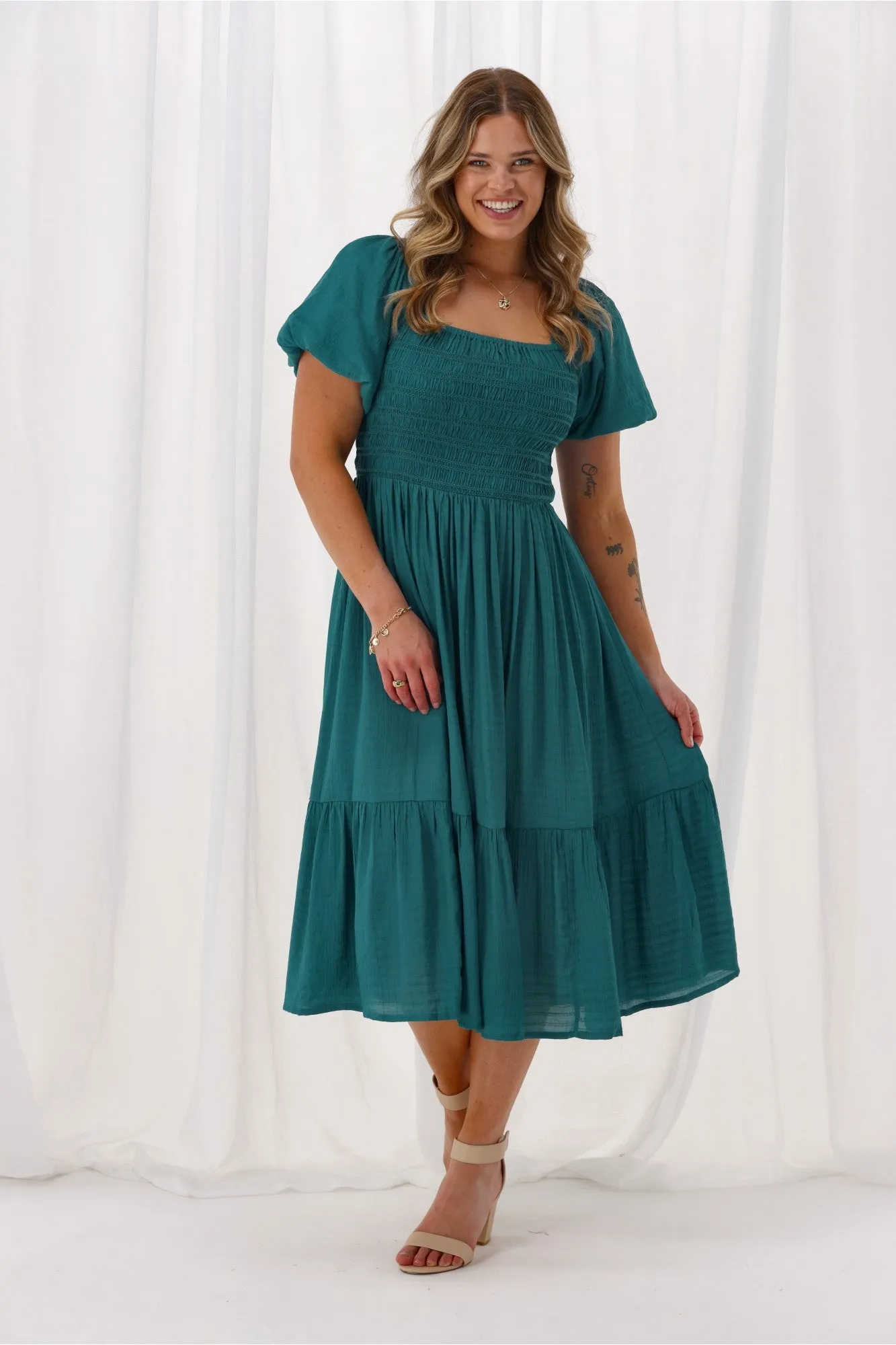 Sunday Boho Monroe Shirred Puff Sleeve Dress Teal sold by Shine On product image thumbnail 4