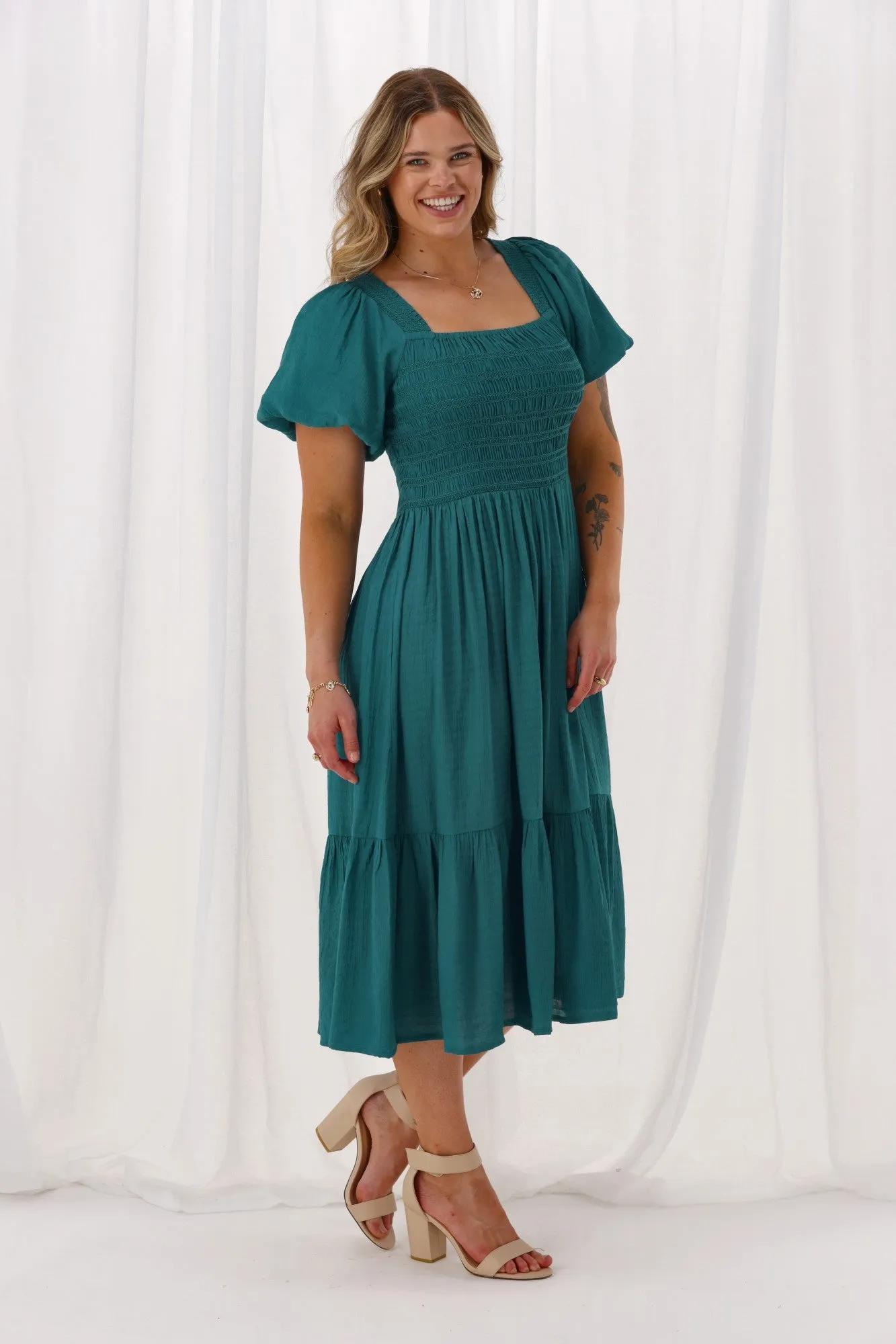 Sunday Boho Monroe Shirred Puff Sleeve Dress Teal sold by Shine On product image thumbnail 5