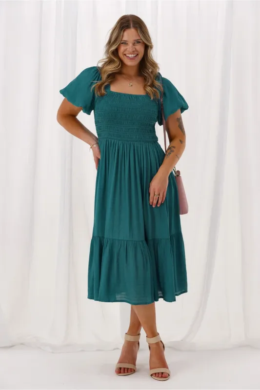 Sunday Boho Monroe Shirred Puff Sleeve Dress Teal sold by Shine On
