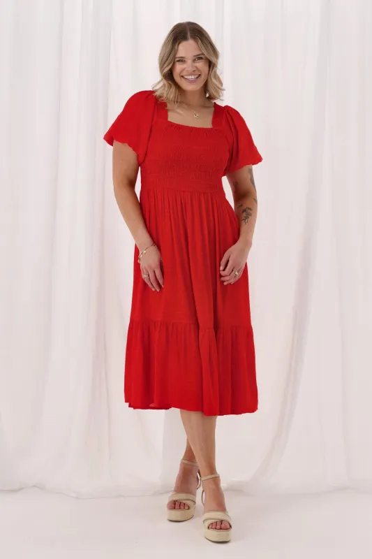 Sunday Boho Monroe Shirred Puff Sleeve Dress Poppy sold by Shine On