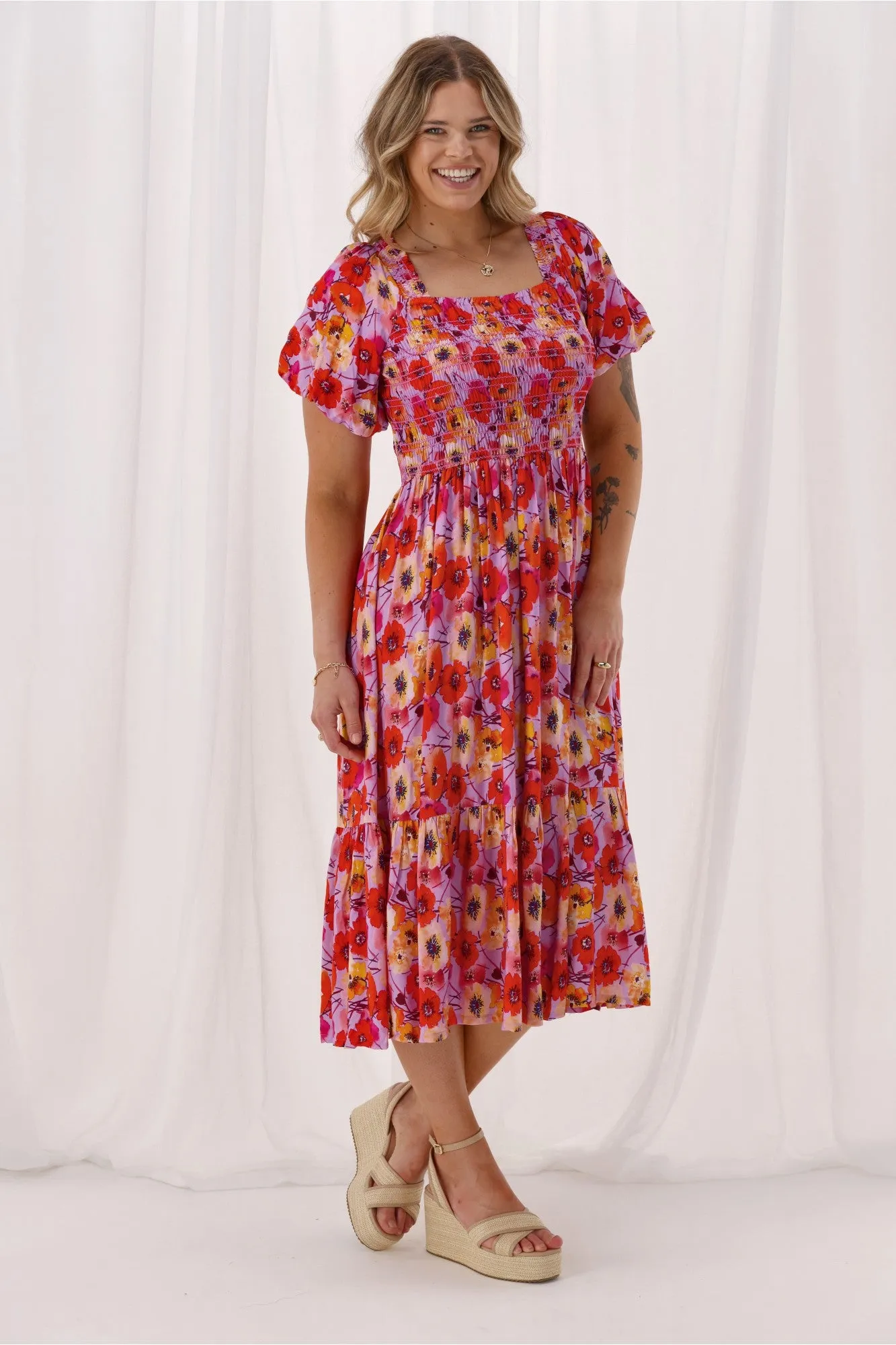 Sunday Boho Tiana Shirred Puff Sleeve Sundress Floral sold by Shine On product image thumbnail 3