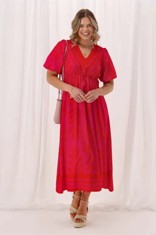 Sunday Boho Rebecca Border Print Dress Fuchsia Lipstick sold by Shine On