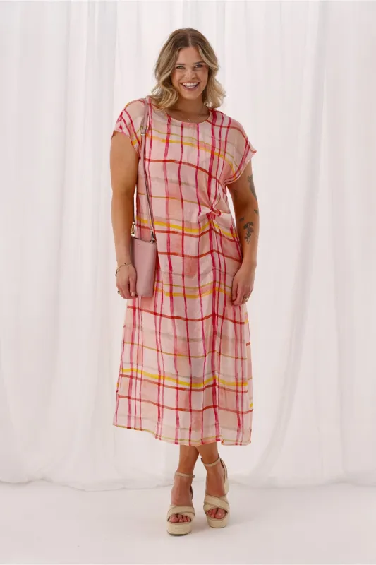 Shine On Label Jordana Side Knot Dress Coral Check sold by Shine On