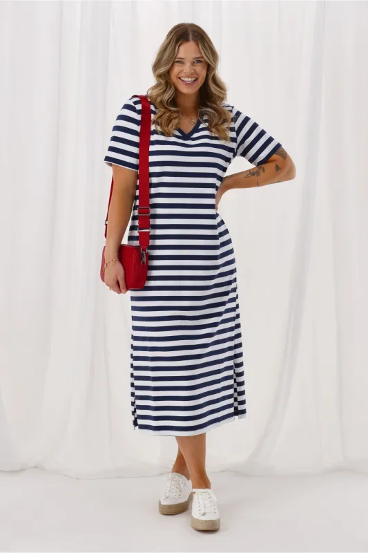 Shine On Essentials Relaxed Stripe Tee Dress Blue and White sold by Shine On