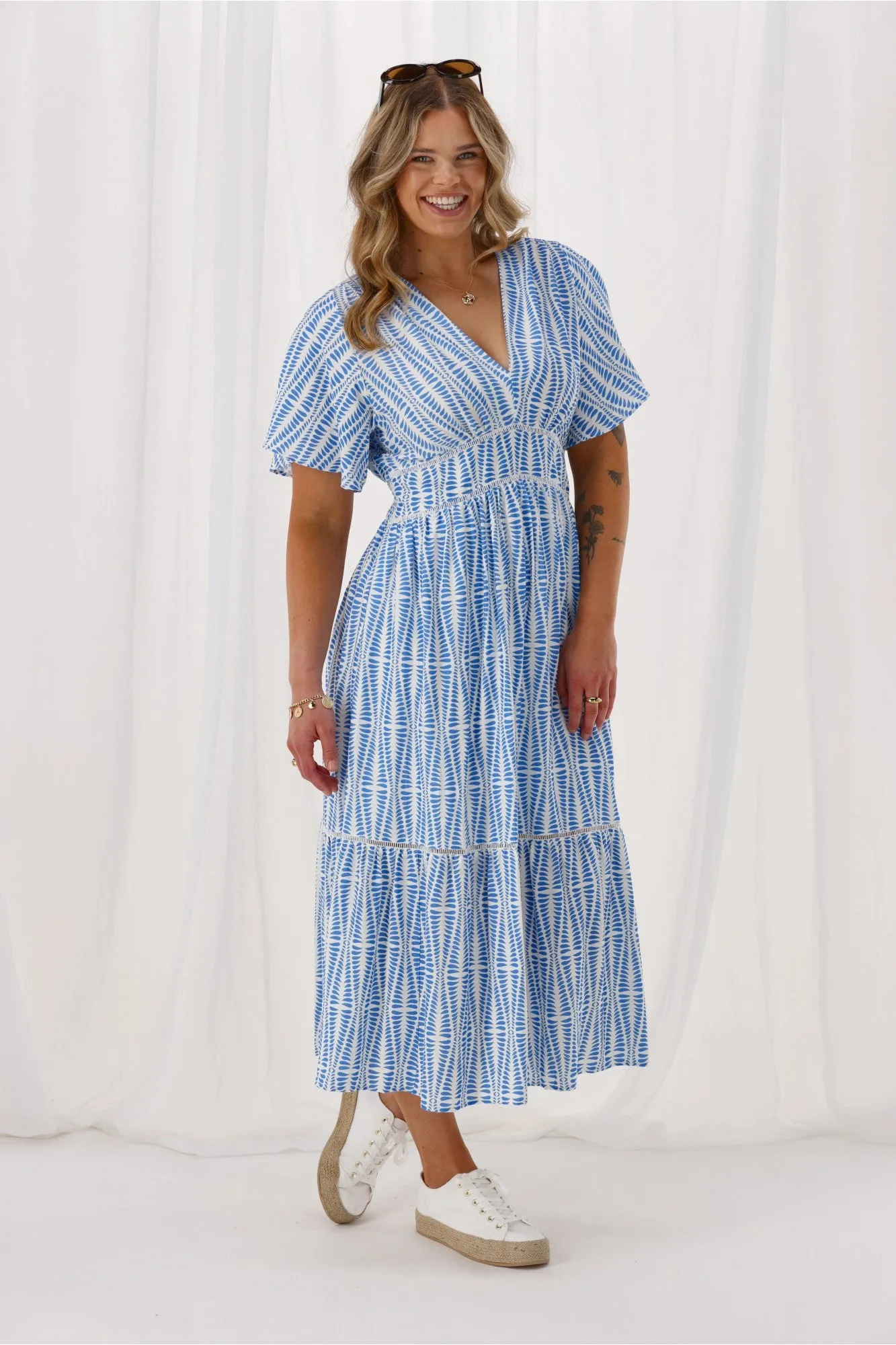 Gloss The Label Keagan Ladder Lace Dress Blue Geo Print sold by Shine On product image thumbnail 3