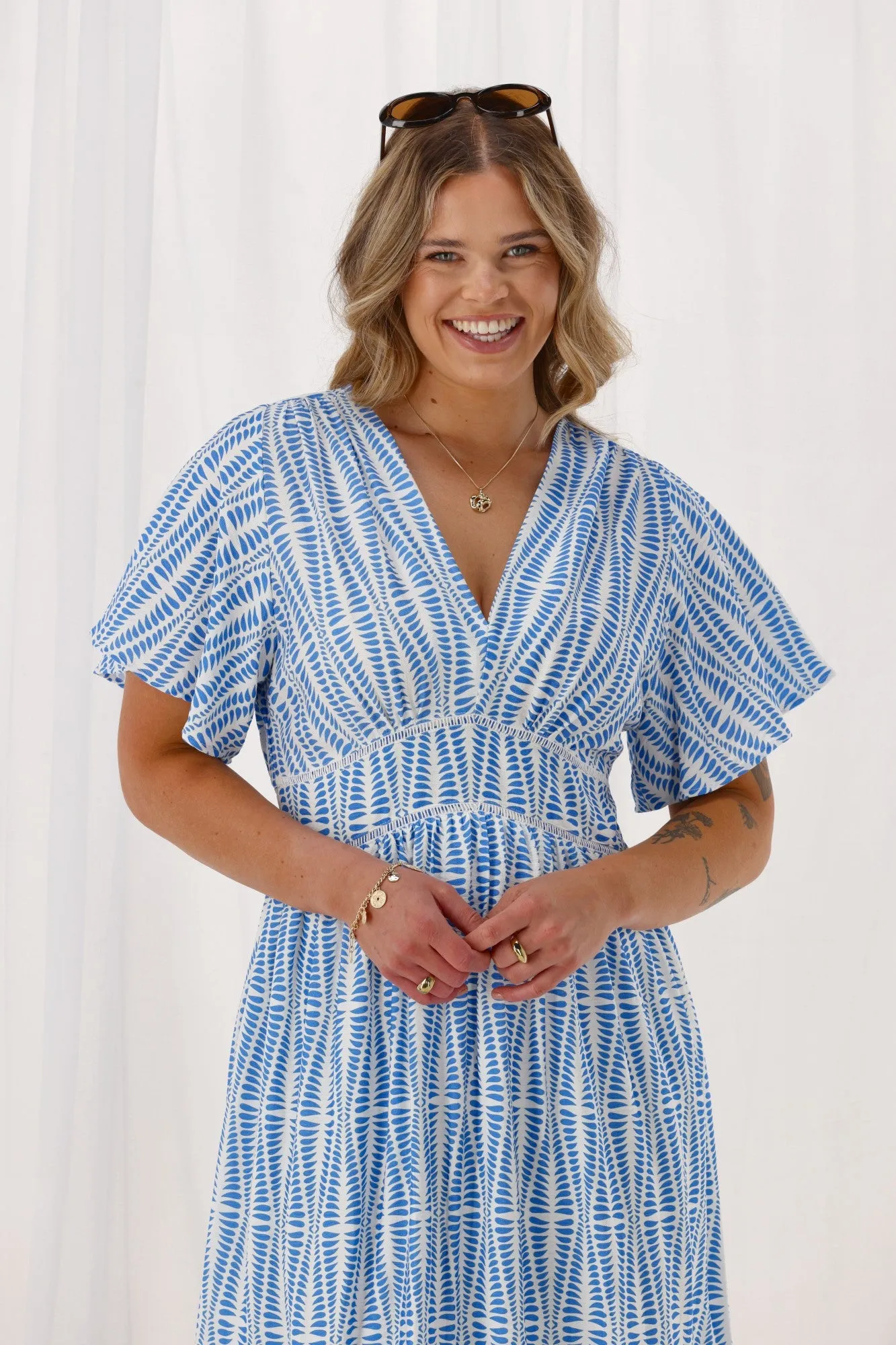 Gloss The Label Keagan Ladder Lace Dress Blue Geo Print sold by Shine On product image thumbnail 2