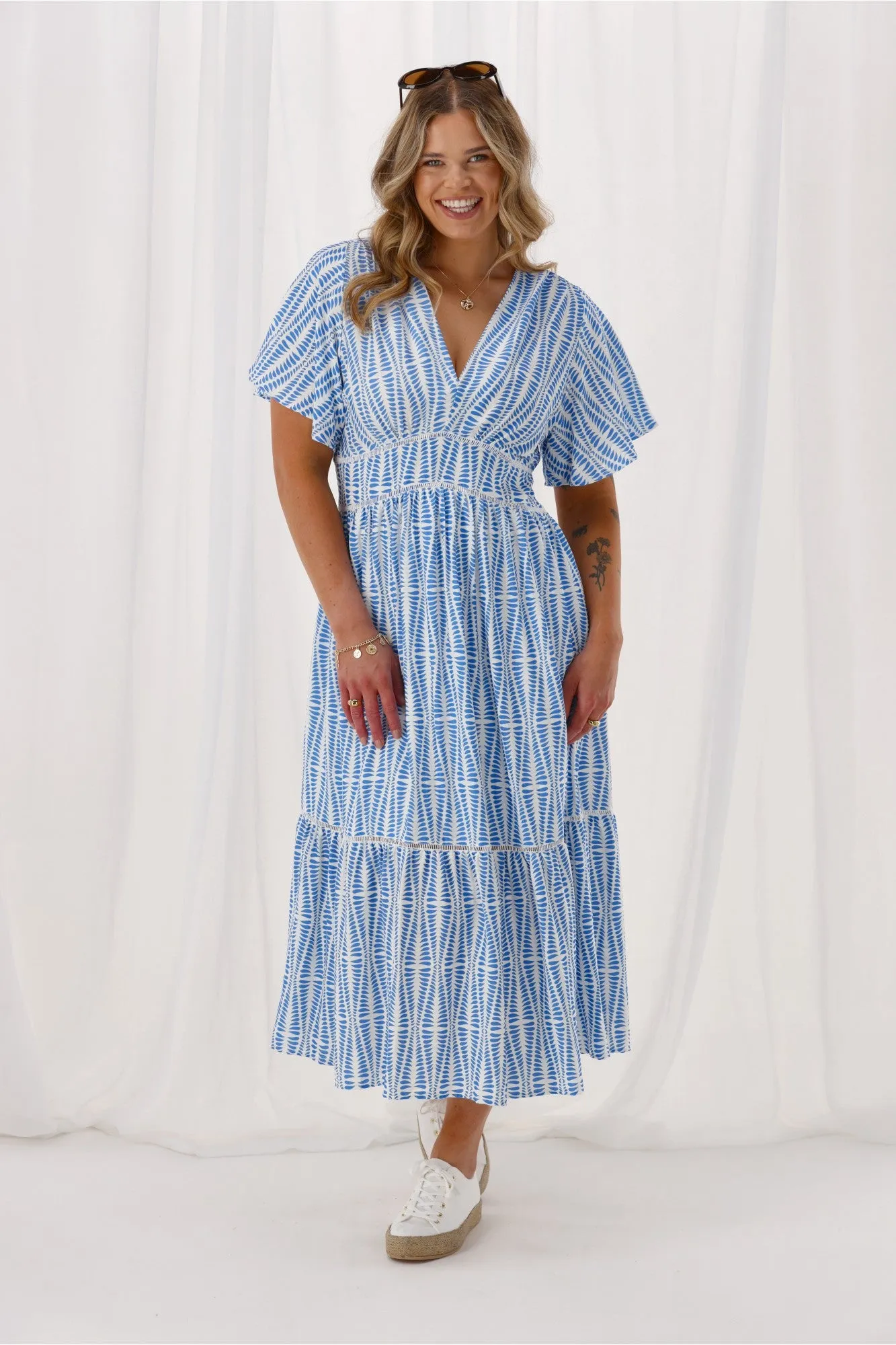 Gloss The Label Keagan Ladder Lace Dress Blue Geo Print sold by Shine On product image thumbnail 4